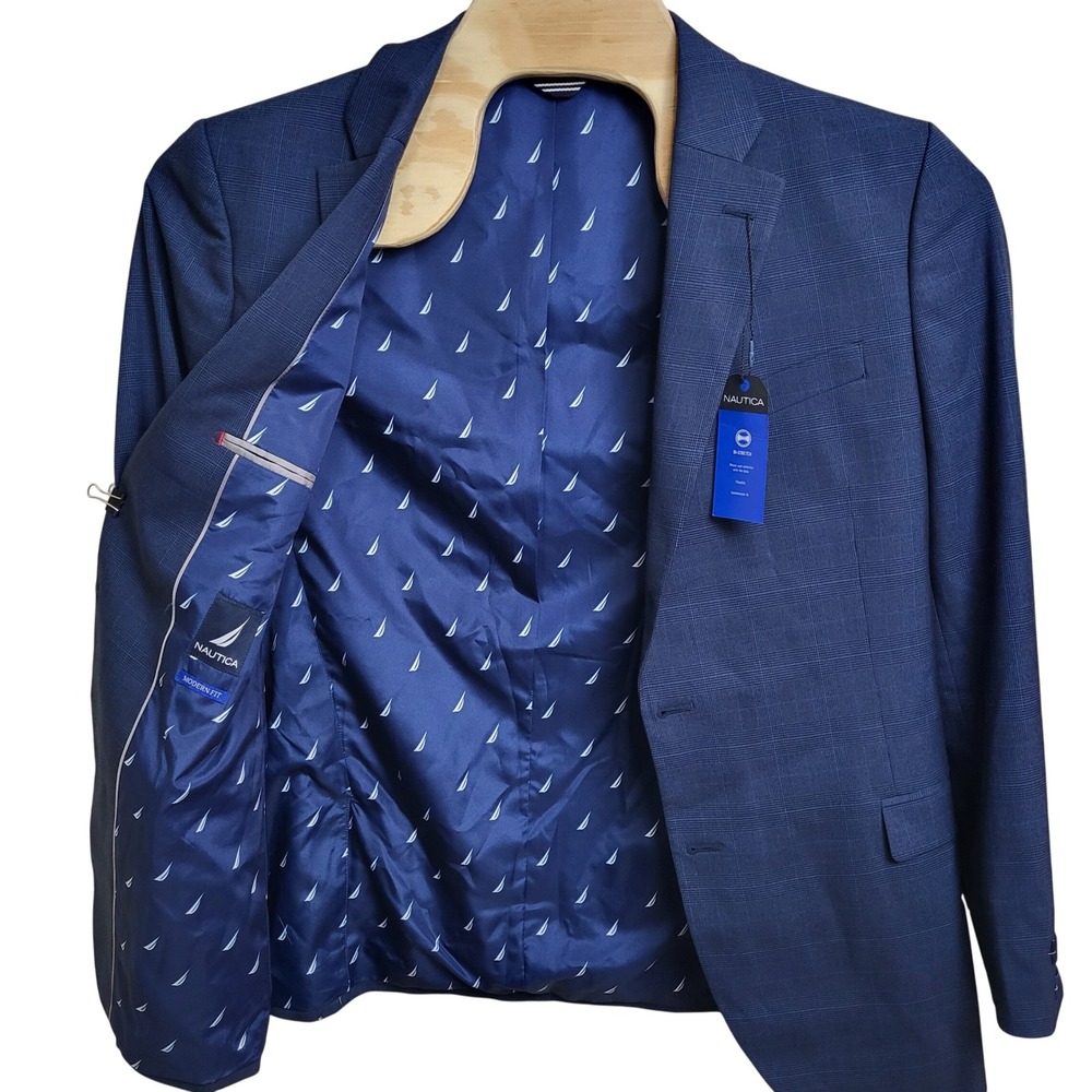 Nautica 44L Navy Plaid Modern Fit Bi-Stretch Blazer Sport Coat Double Vent NWT‎